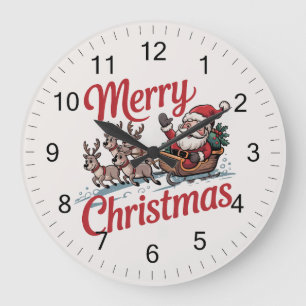 Grande Horloge Ronde Joyeux Noël branché Père Noël Sleigh Reindeer