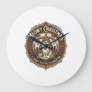Grande Horloge Ronde Joyeux Noël Chat Christmas Vintage Vector Art S
