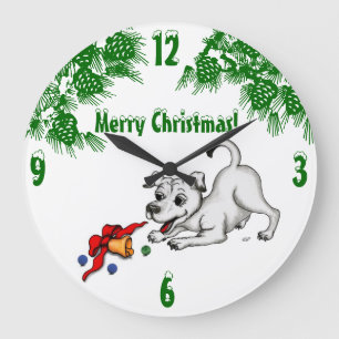 Grande Horloge Ronde Joyeux Noël ! Chiot avec Bell et Ball