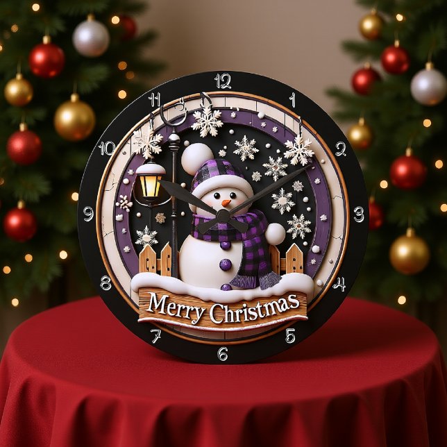 Grande Horloge Ronde Joyeux Noël de bonhomme de neige mauve (Créateur téléchargé)