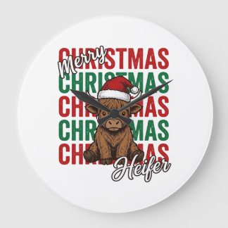 Grande Horloge Ronde Joyeux Noël Génisse Vache Chemise de Fête Design_1