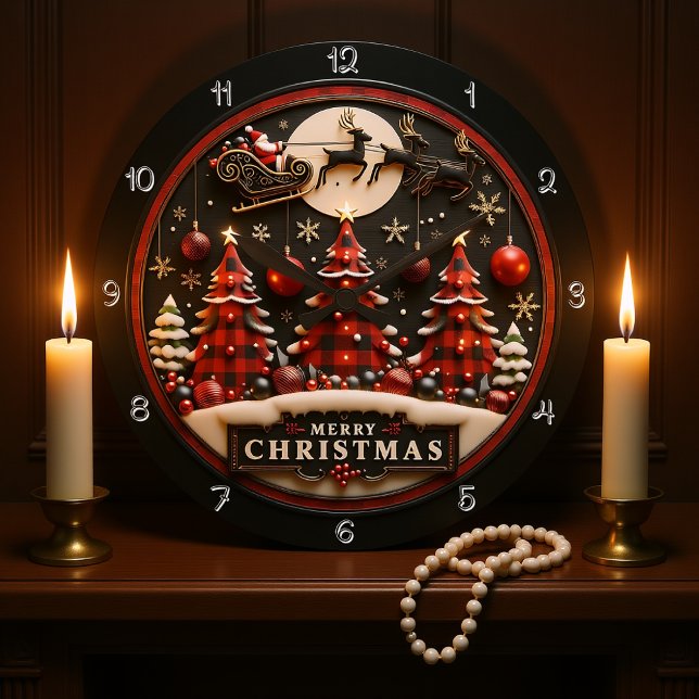 Grande Horloge Ronde Joyeux Noël Plaid Arbres Père Noël Sleigh (Créateur téléchargé)