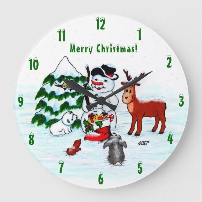 Grande Horloge Ronde Joyeux Noël ! Snowman avec amis (Recto)