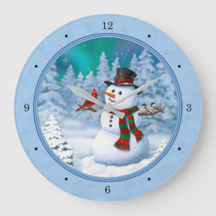Grande Horloge Ronde Joyeux Noël Snowman & Birds Winter Scene
