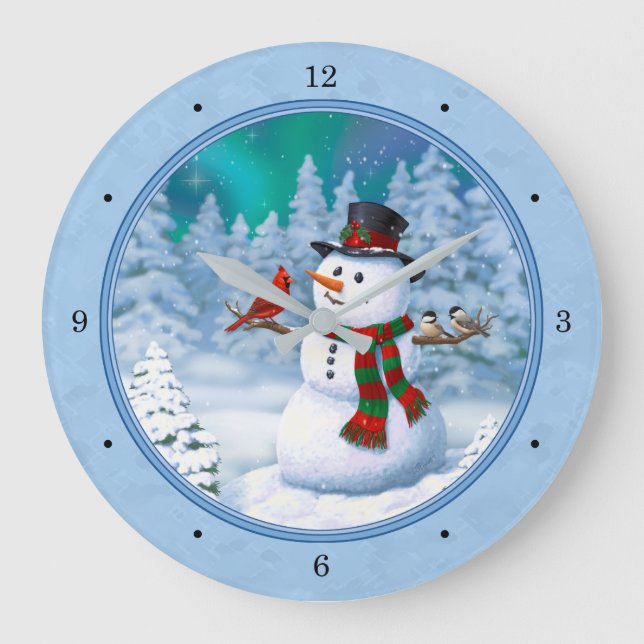 Grande Horloge Ronde Joyeux Noël Snowman & Birds Winter Scene (Recto)