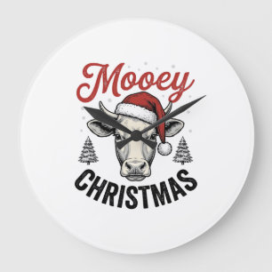 Grande Horloge Ronde Joyeux Noël Vache Chapeau de Père Noël Gravure Vin