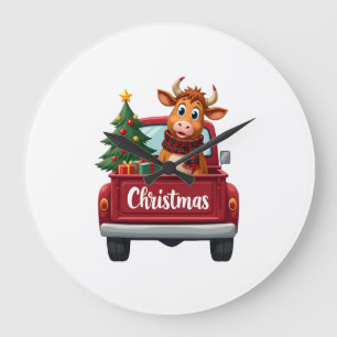 Grande Horloge Ronde Joyeux Noël Vache Highland Sapin de Noël Rouge Tr
