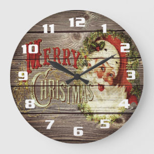 Grande Horloge Ronde Joyeux Noël Vintage & Père Noël sur vieux Bois Rus