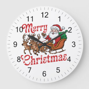 Grande Horloge Ronde Joyeux Noël Volant Père Noël Sleigh Reindeer