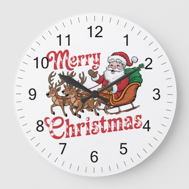 Grande Horloge Ronde Joyeux Noël Volant Père Noël Sleigh Reindeer (Recto)