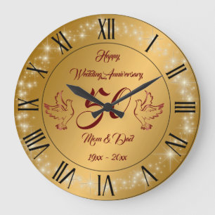 Grande Horloge Ronde Joyeux Pailleté Personnaliser Or 50e Anniversaire