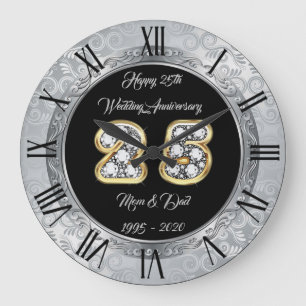 Grande Horloge Ronde Joyeux Personnalisé Argent 25e Anniversaire