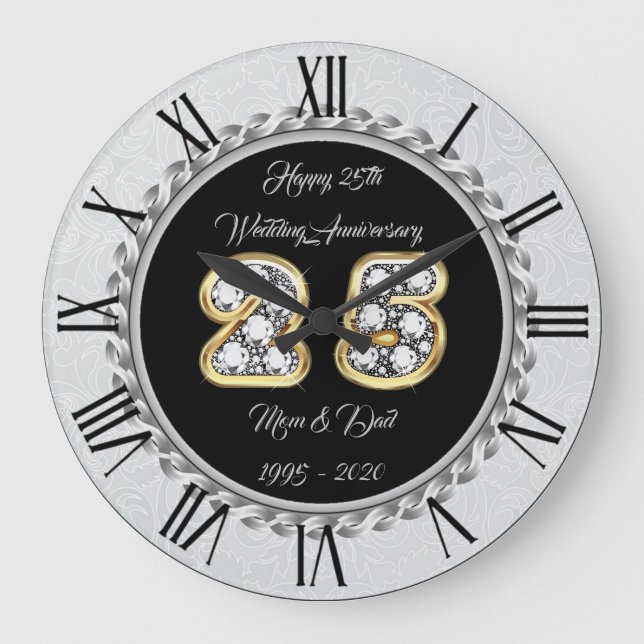 Grande Horloge Ronde Joyeux Personnalisé Argent 25e Anniversaire (Recto)