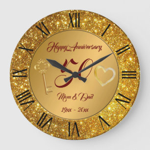 Grande Horloge Ronde Joyeux Personnaliser Amour Or 50e Anniversaire