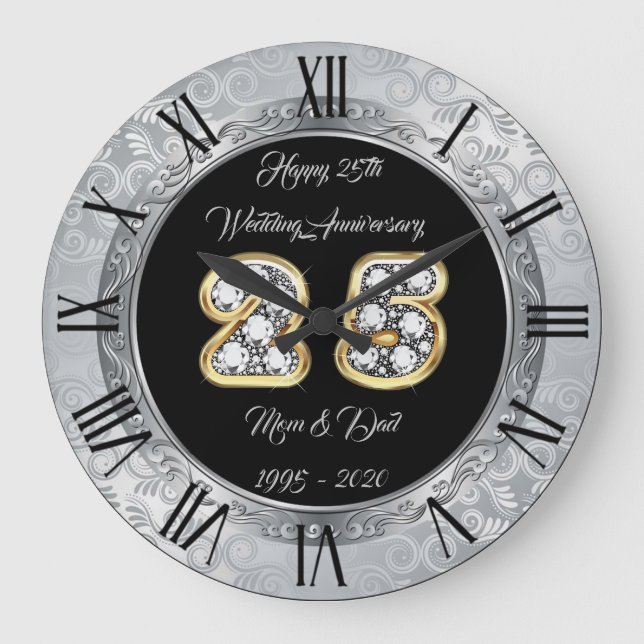 Grande Horloge Ronde Joyeux Personnaliser Argent 25e Anniversaire (Recto)