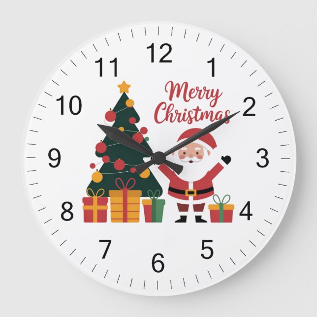 Grande Horloge Ronde Joyeux sapin de Noël Père Noël avec présents (Recto)