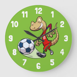 Grande Horloge Ronde Joyeux Soccer Star Gecko Kicking Football Cartoon