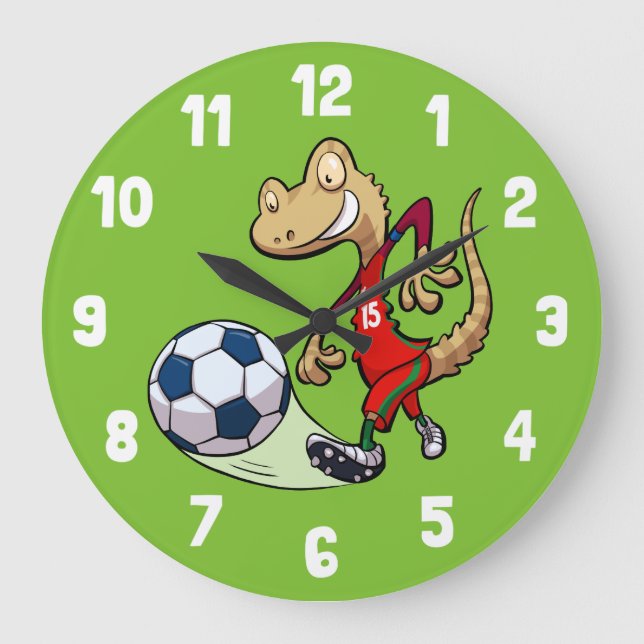 Grande Horloge Ronde Joyeux Soccer Star Gecko Kicking Football Cartoon (Recto)