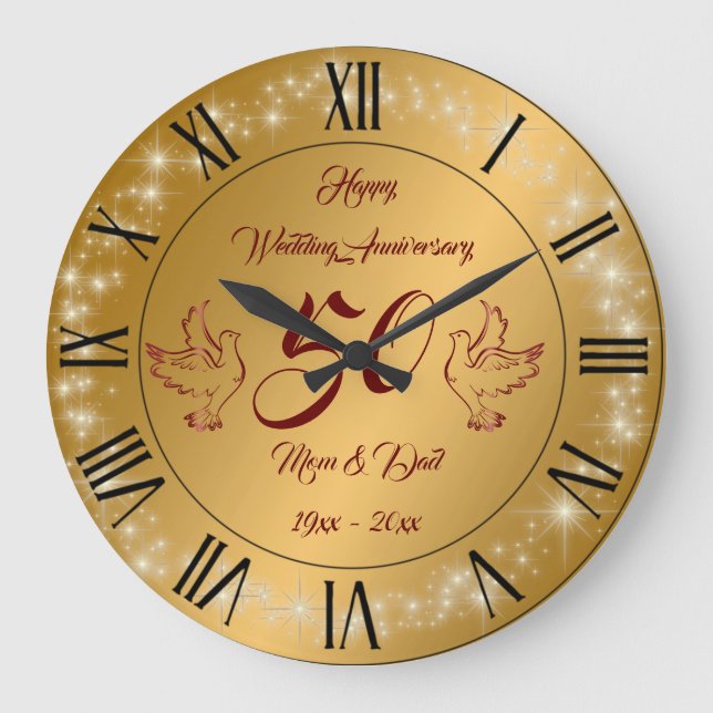 Grande Horloge Ronde Joyeux Sparkly Personnaliser Or 50e Anniversaire (Recto)