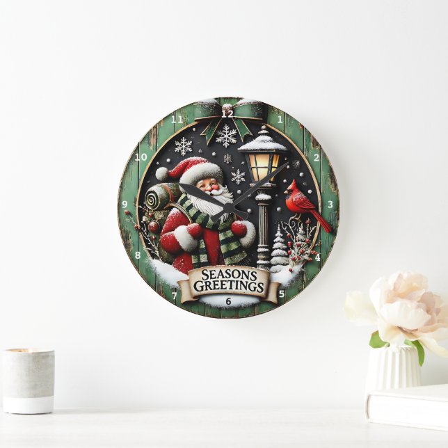 Grande Horloge Ronde Joyeux voyage de Noël Père Noël avec sac à dos (Maison)