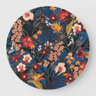 Grande Horloge Ronde Jungle Chic : Bleu foncé Exotique.