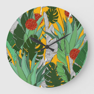 Grande Horloge Ronde Jungle d'été : Motif de palmier lumineux.
