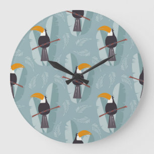 Grande Horloge Ronde Jungle toucan, arrière - plan bleu transparent.