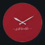 Grande Horloge Ronde Just breathe burgundy elegant script yoga<br><div class="desc">Modern yoga clock with a chic burgundy background and an elegant lettered white script with the quota just breathe.</div>