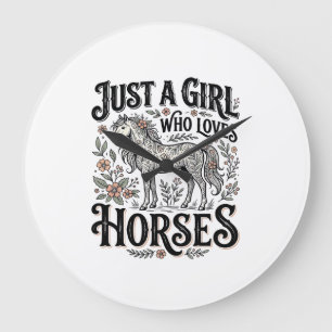 Grande Horloge Ronde Juste une fille qui aime les chevaux dessin floral