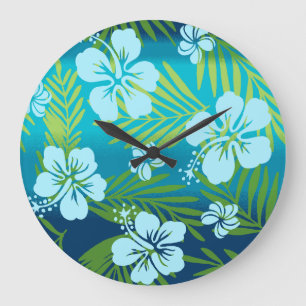Grande Horloge Ronde Kalani Tie Dye Mélange Hibiscus Tropical - Turquoi