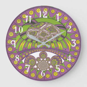 Grande Horloge Ronde Kaleidoscope africain violet et jaune traditionnel