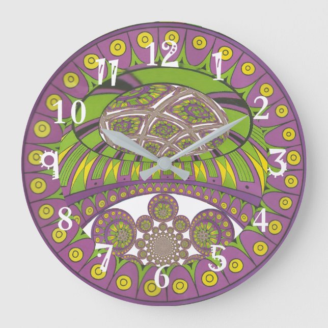 Grande Horloge Ronde Kaleidoscope africain violet et jaune traditionnel (Recto)