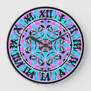 Grande Horloge Ronde Kaléidoscope au néon, mandala