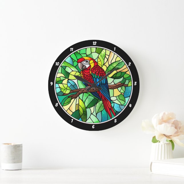 Grande Horloge Ronde Kaleidoscope Tropical" - Perroquet en verre (Maison)