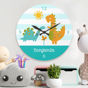 Grande Horloge Ronde Kawaii Cute Dinosaur Boy Turquoise Nursery Nom