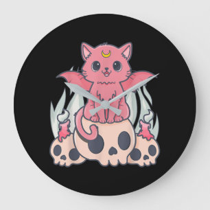 Grande Horloge Ronde Kawaii Pastel Goth Cute Démon Déplaisant Chat et