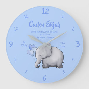 Grande Horloge Ronde Keepsake Baby Boy Birth Stat Elephant Nursery