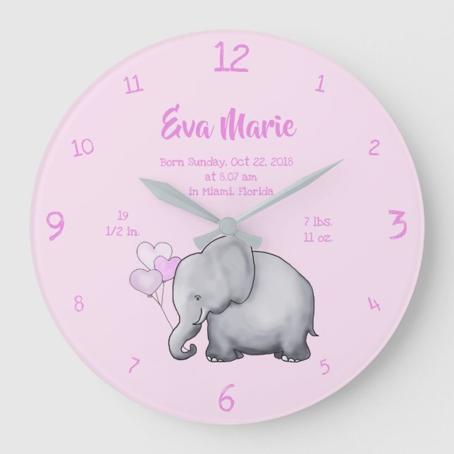 Grande Horloge Ronde Keepsake Baby Girl Birth Stats Elephant Nursery (Recto)