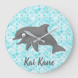 Grande Horloge Ronde Keiki Aquarelle Dauphin Vague
