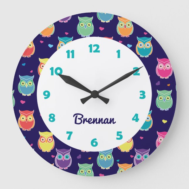 Grande Horloge Ronde Kid Personalized Cute Owl Pattern Blue Animal (Recto)