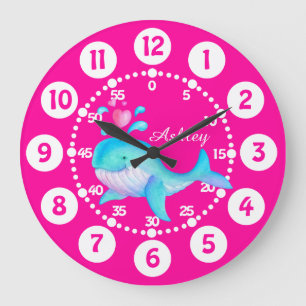 Grande Horloge Ronde Kids cute whale, art rose aqua blue clock