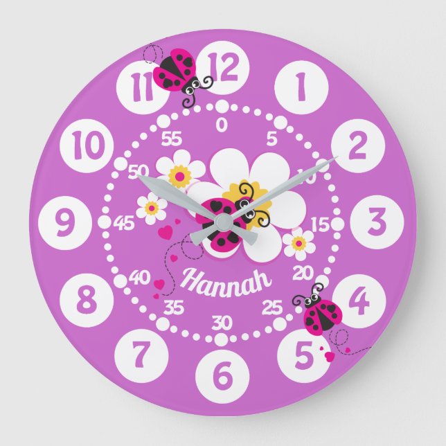 Grande Horloge Ronde Kids ladybug & flower pink purple girls wall clock (Recto)