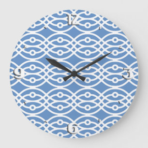 Grande Horloge Ronde Kimono imprimé, bleu ciel et blanc