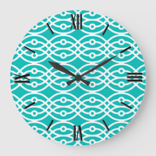Grande Horloge Ronde Kimono imprimé, turquoise et blanc