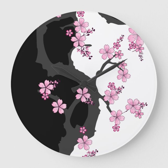 Grande Horloge Ronde Kimono japonais Sakura noir et blanc (Recto)