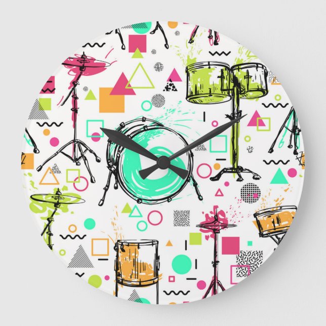 Grande Horloge Ronde Kit Tambour : Aquarelle Memphis Retro. (Recto)