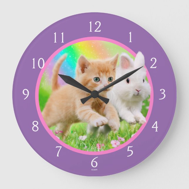 Grande Horloge Ronde Kitten & Bunny avec arc-en-ciel (Recto)