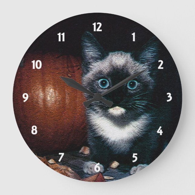 Grande Horloge Ronde Kitten et Citrouille pour Halloween (Recto)