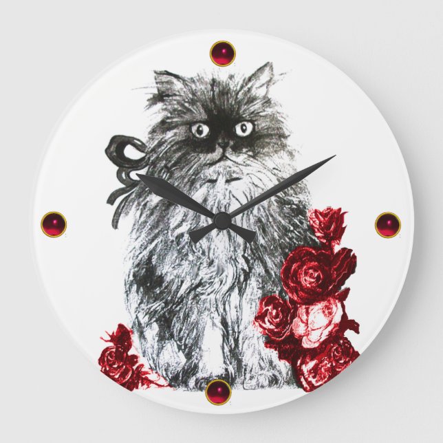 Grande Horloge Ronde KITTY CAT, KITTEN WITH RED ROSES, Black White (Recto)
