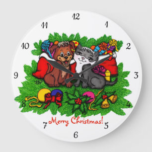 Grande Horloge Ronde Kitty et chiot, Happy XMas